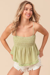 Fringed Hem Smocked Boho Cami Top BiBi Sage S