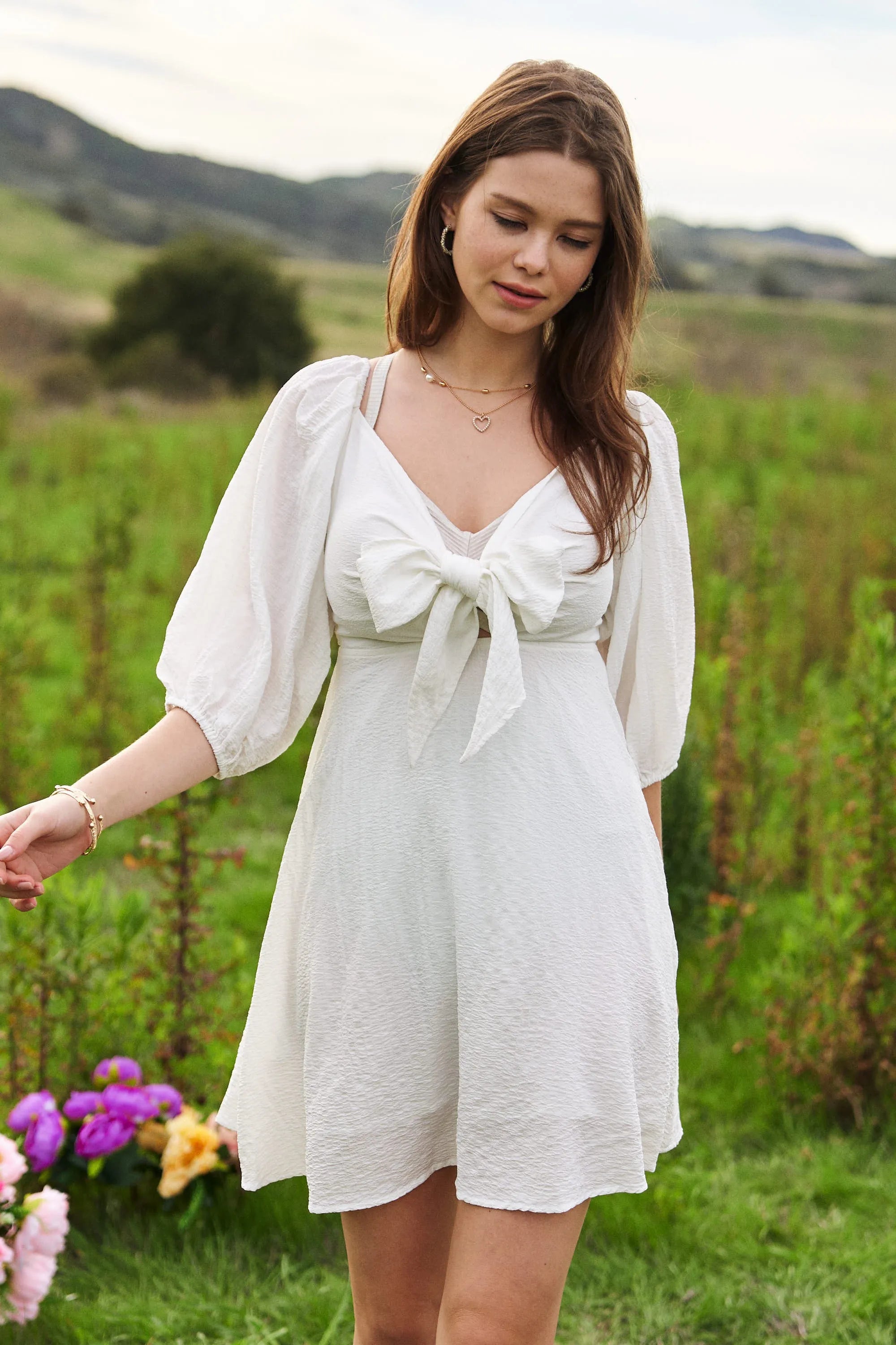 Self-Tie Puff Sleeve Smocking Open Back Mini Dress Davi & Dani