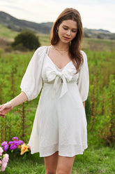 Self-Tie Puff Sleeve Smocking Open Back Mini Dress Davi & Dani