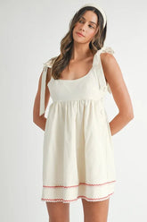 Zig Zag Embroidered Shoulder Tie Mini Dress Mable Cream S