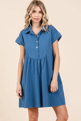 Twill Short Sleeve Collared Mini Dress Mittoshop