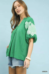 Umgee Embroidered Balloon Sleeve Notch Neck Blouse Trendsi