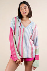 Multi Color Stripe Long Sleeve Ribbed Knit Hoodie Very J