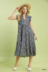 Leaf Print Tiered Midi Dress with Ruffle Detail Umgee