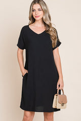 V-Neck Short Sleeve Dress with Pockets BomBom
