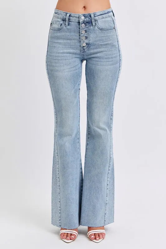 Mid Rise Rhinestone Side Panel Detail Flare Jeans Judy Blue LT 1(25)