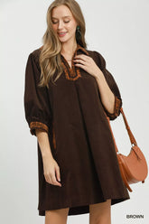 V-Neck Shift Dress with Contrast Trim + Pockets Umgee BROWN S