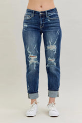 Mid Rise Cuffed Destroy Bf Jeans With Plus Size Judy Blue