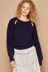 Cable Knit Cutout Long Sleeve Sweater POL Navy S