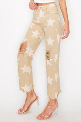 High Rise Star Printed Frayed Hem Jeans Risen