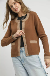 Two-Tone Button Front Cardigan Umgee LATTE S