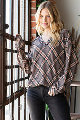 Plaid Exposed Seam V-Neck T-Shirt Heimish Mocha Multi S