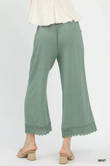 Linen Wide Leg Cropped Pants with Lace Trim Umgee