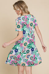 Ruched Floral V-Neck Short Sleeve Dress BomBom