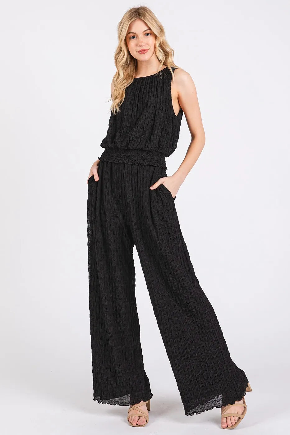 Textured Stretchy Crop Tank and Pants Set Mittoshop BLACK S