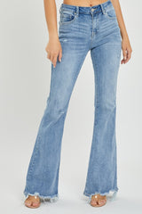High Rise Light Wash Frayed Hem Flare Jeans Risen