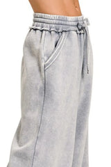 Acid Wash Fleece Palazzo Sweatpants with Pockets ZENANA