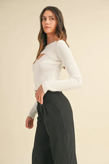 Cut Out Long Sleeve Ribbed Knit Top Mable