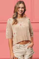 Cozy Floral Pattern Slit Half Sleeve Sweater BiBi