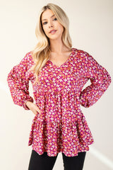 Floral V-Neck Balloon Sleeve Blouse Celeste
