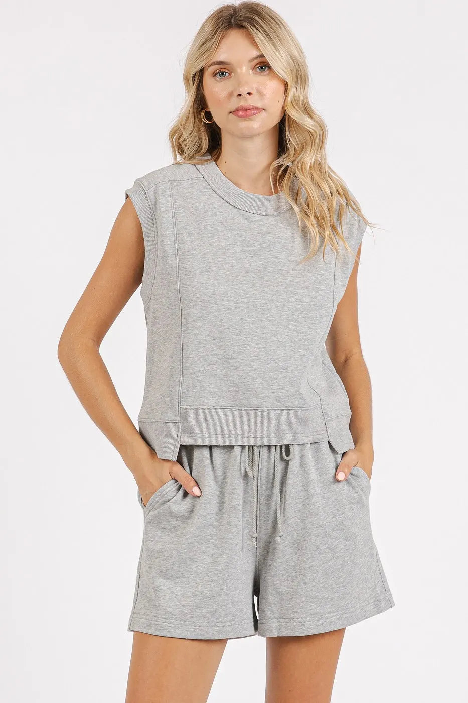 French Terry Crew Neck Top and Shorts Set Mittoshop H GREY S