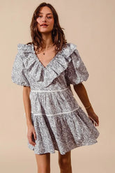 Cotton Printed Ruffle V Neckline Dress with Side Tie So Me OFF WHITE/NAVY S