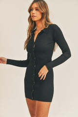 Button Up Ribbed Mini Shirt Dress Mable Black S