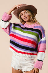 Multi Color Striped Cropped Sweater BiBi Pink/Lavender Multi S