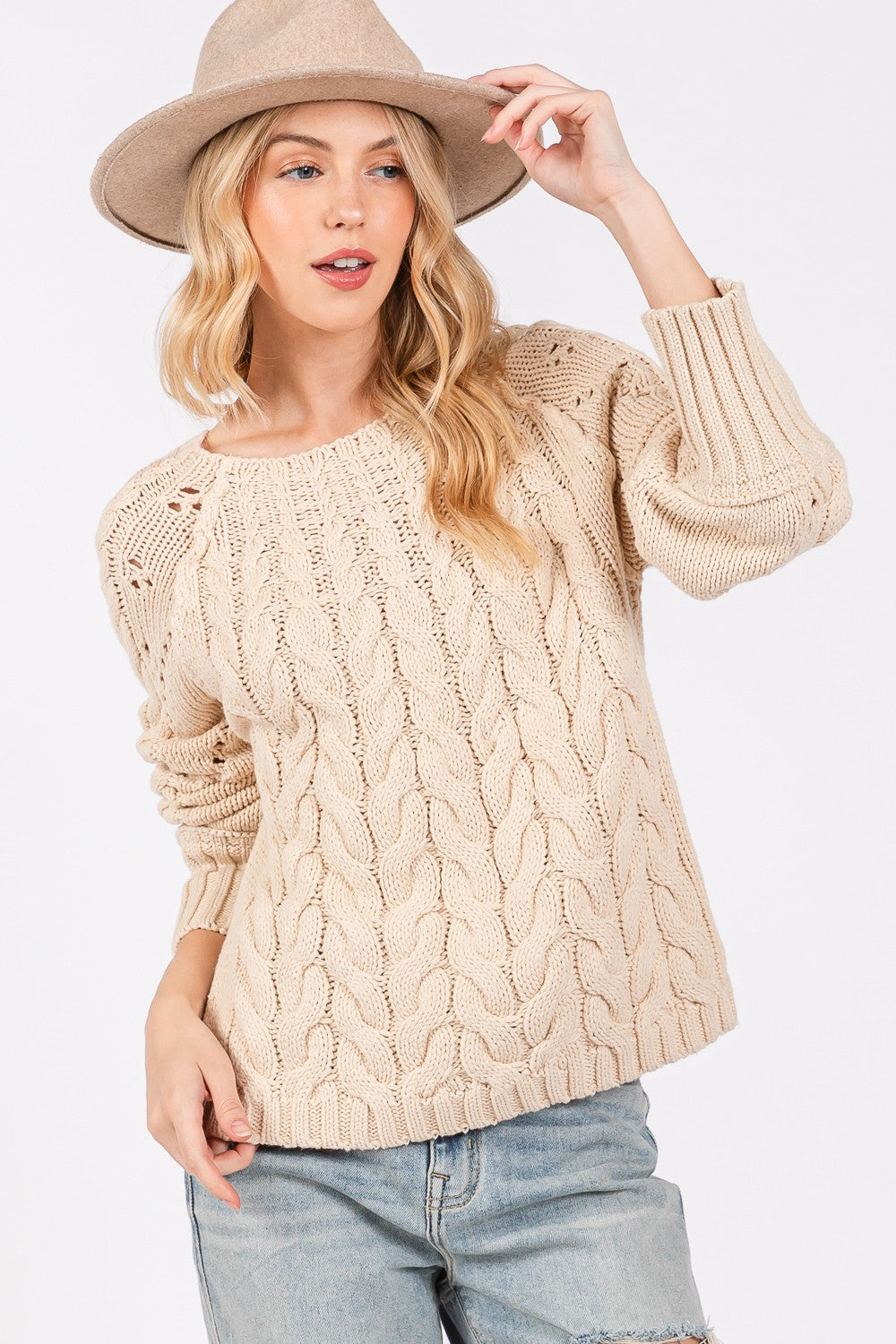 Cable-Knit Long Sleeve Sweater Sage + Fig Natural S