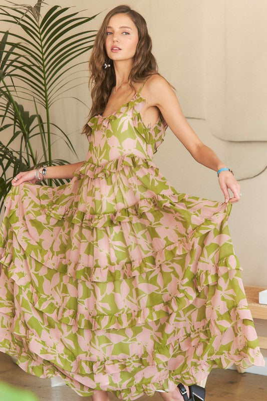 Ruffled Tiered Scoop Neck Long Cami Dress Adora MAUVE SAGE COMBO S