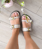 Double Buckle Flat Sandals in Cream Not Rated