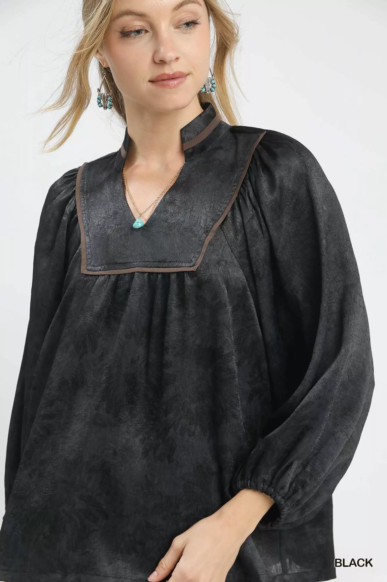 Crinkle Brocade Long Sleeve Blouse Umgee
