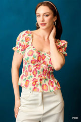 Floral Smocked Peplum Blouse Umgee Pink S