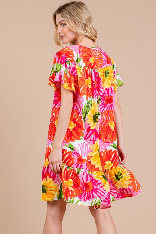 Floral Ruffled Short Sleeve Dress Ces Femme