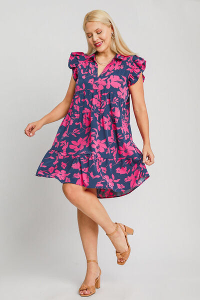 Floral Print Ruffle Cap Sleeve Tiered Dress Umgee