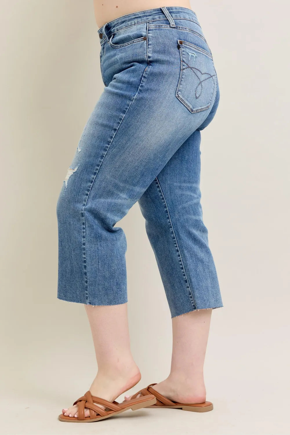 Plus Size High Waist Back Destroy & Raw Cut Hem Crop Wide Judy Blue