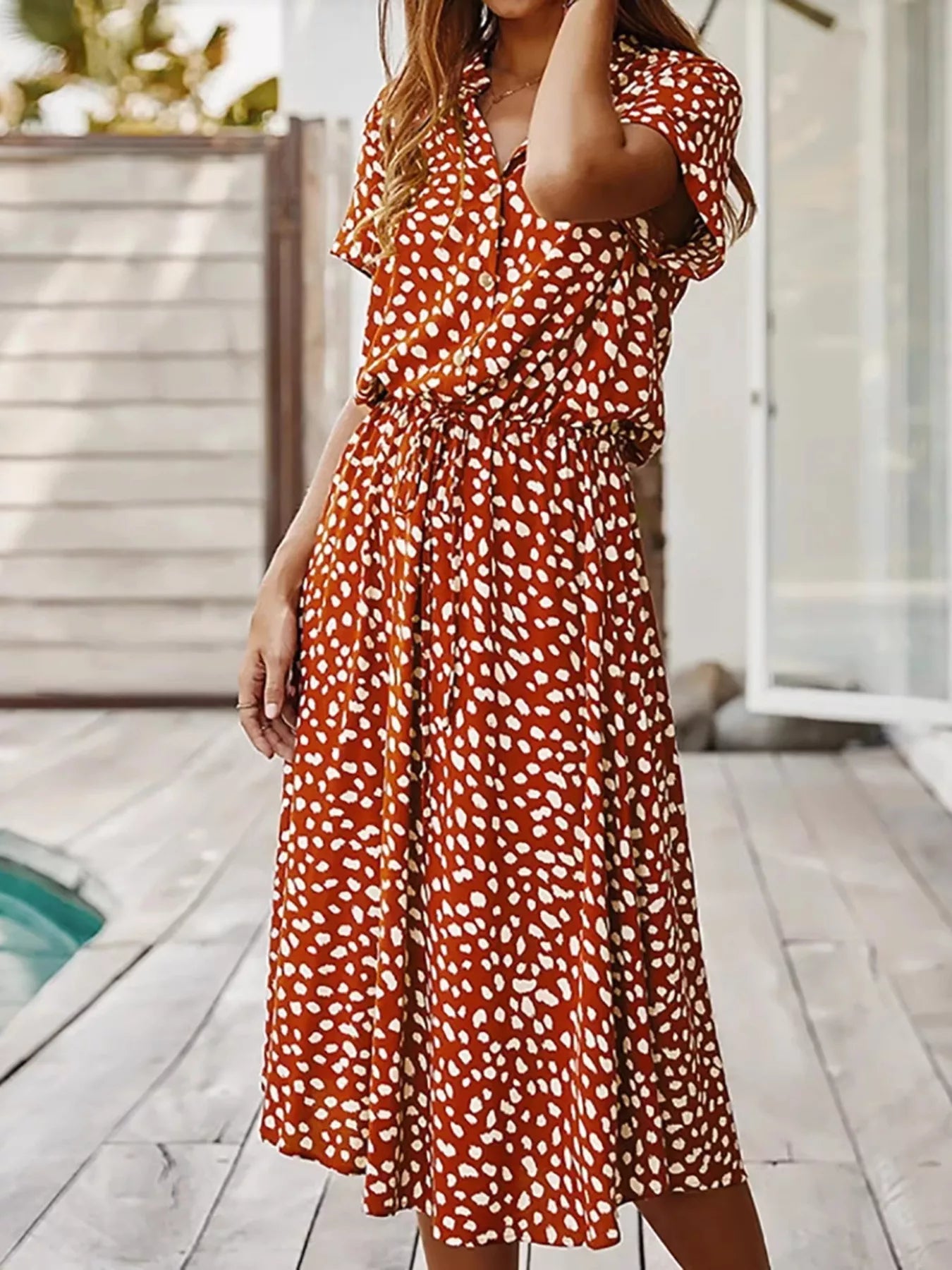 Polka Dot Button Front Midi Dress Simmer & Fay Scarlet S