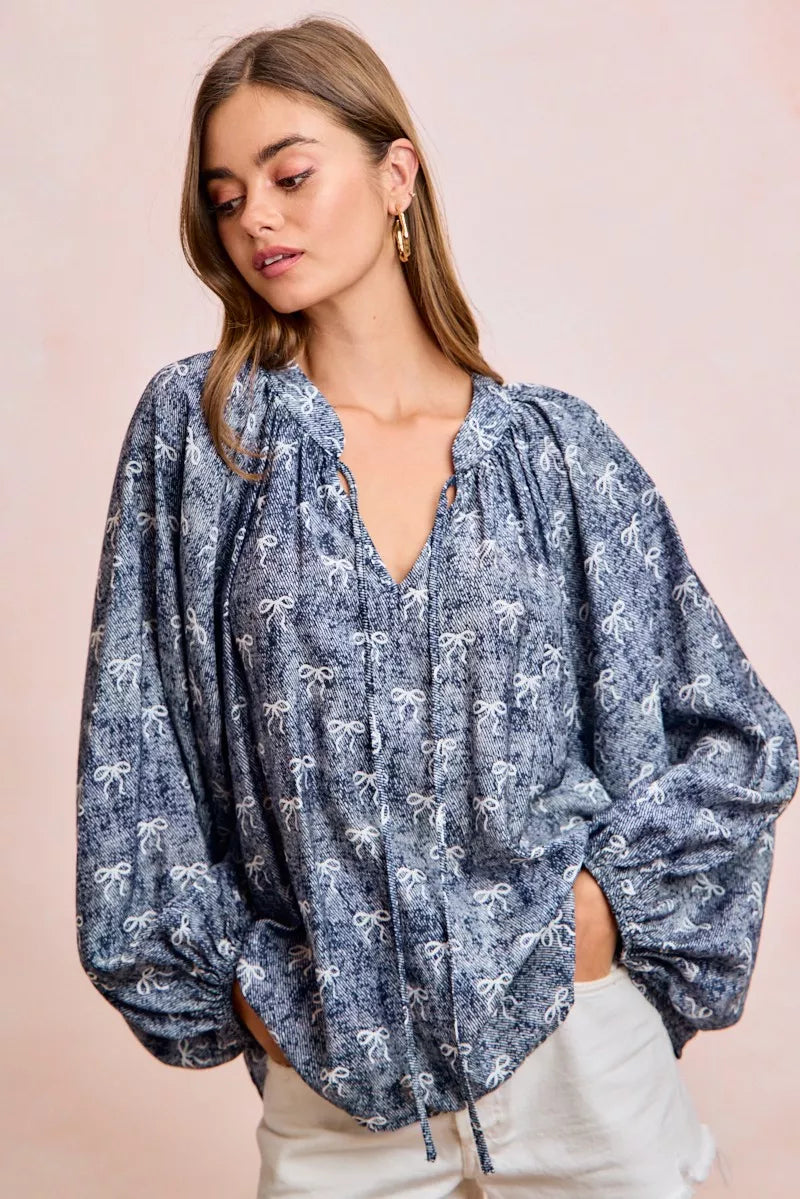 Ribbon Bow Print Exaggerated Balloon Sleeves Top BiBi