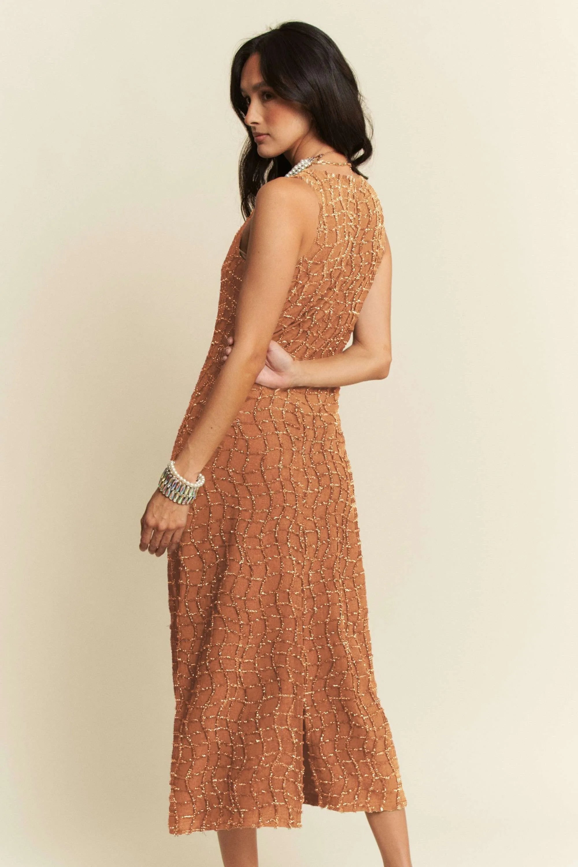 Golden Textured Zippered Midi Dress Davi & Dani