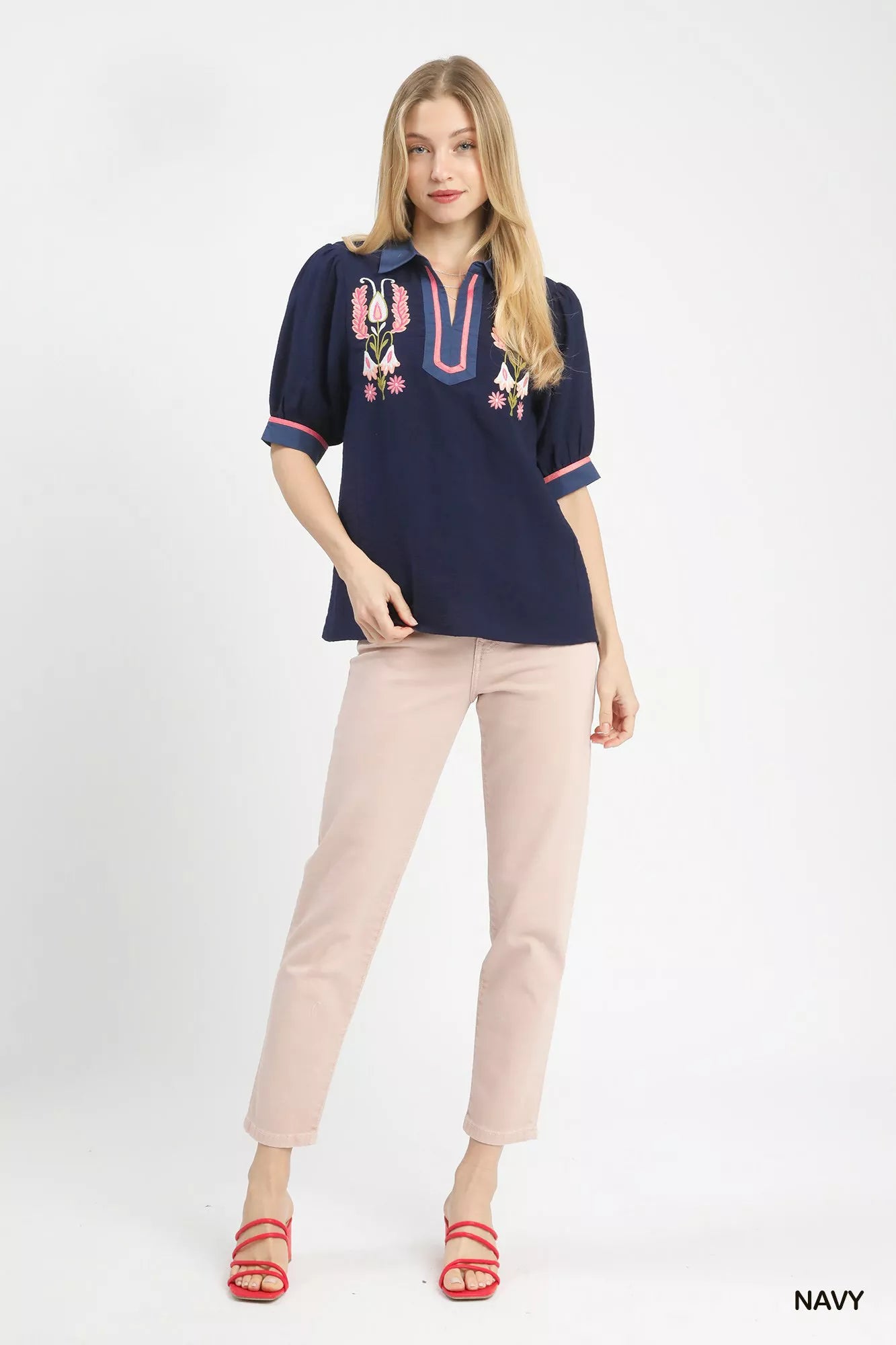 Embroidered Puff Sleeve Contrast Trim Top Umgee