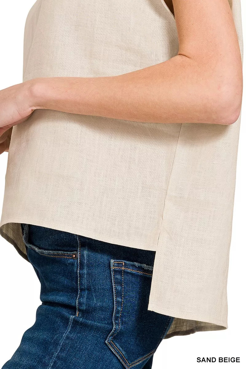Linen Round Neck Cap Sleeve Top ZENANA