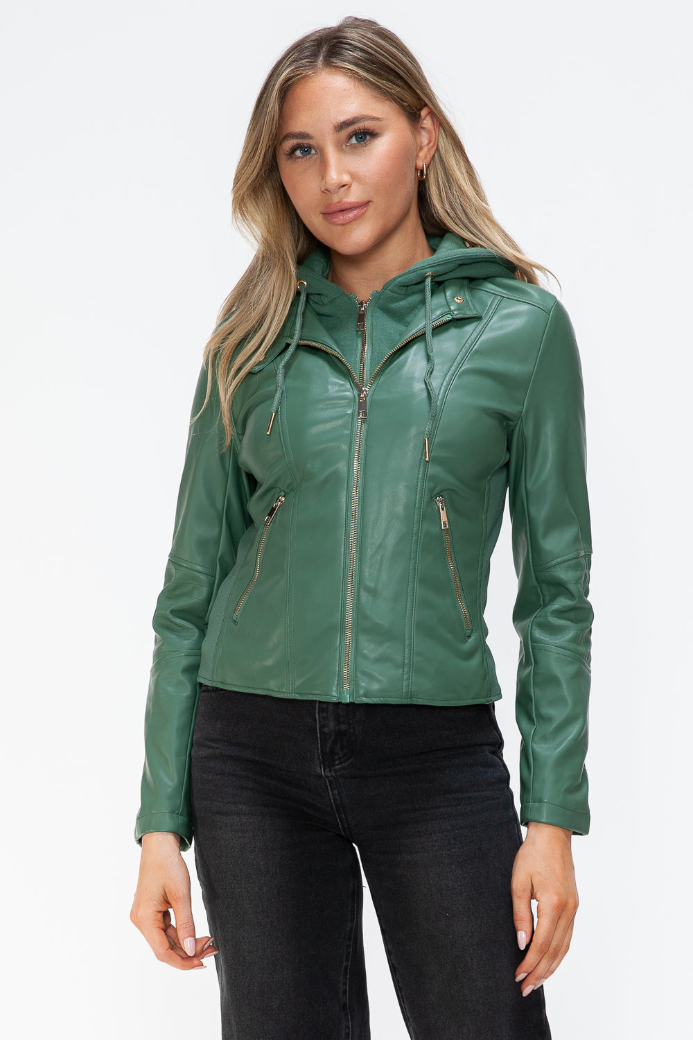 Faux Leather Zip Up Drawstring Hooded Jacket Snobbish