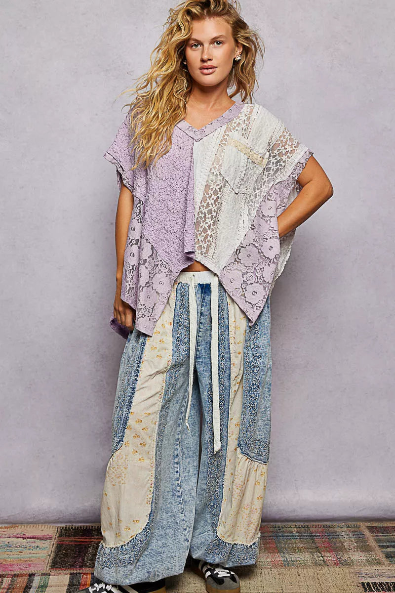 Asymmetrical V-Neck Short Sleeve Lace Top POL