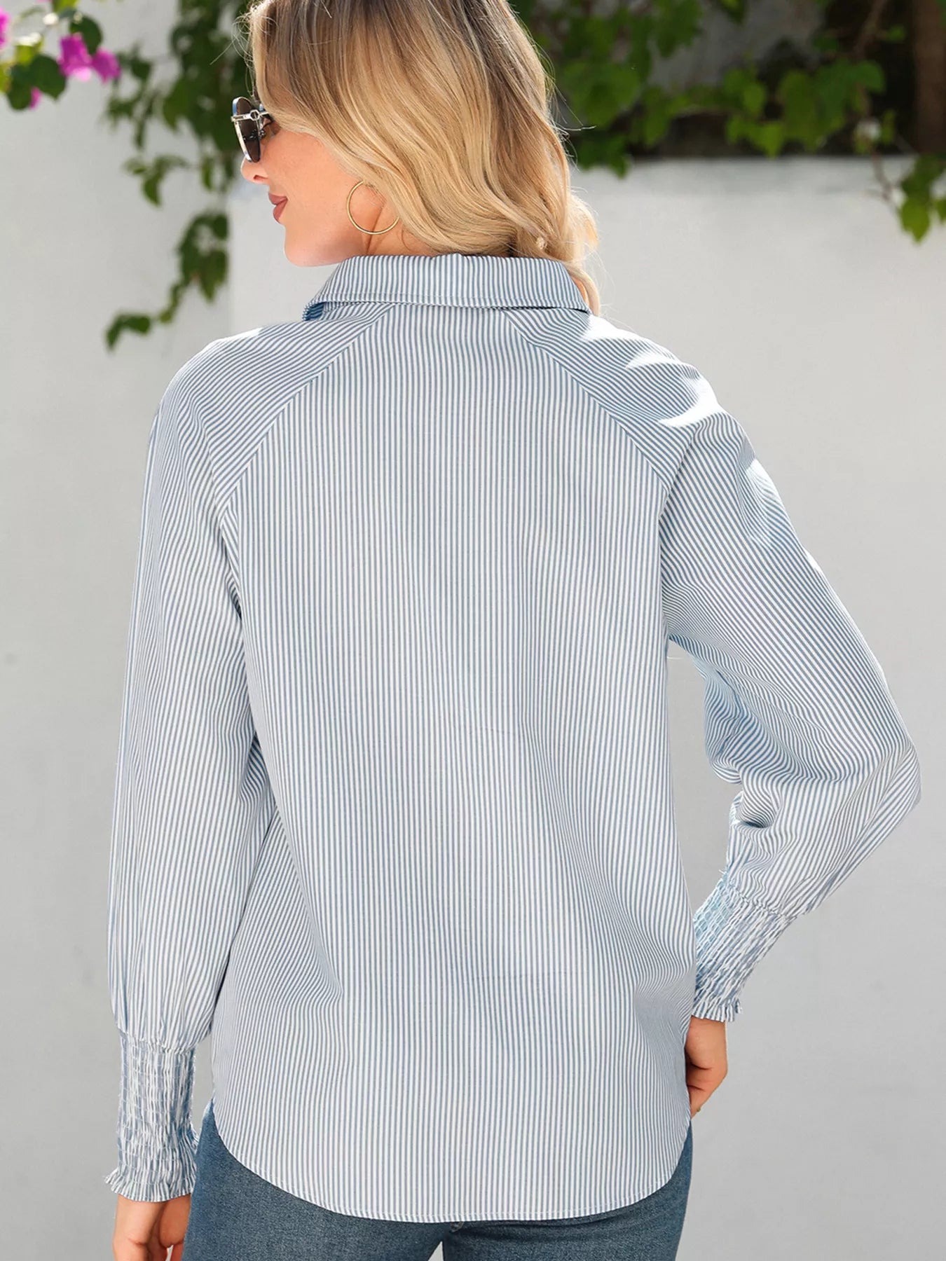 Pinstripe Long Sleeve Smocked Cuffs Button Shirt Collar Blouse Simmer & Fay