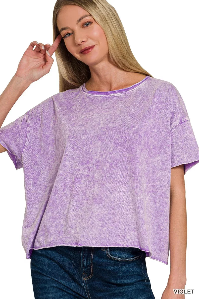 Halo Washed Cotton Short Sleeve Top ZENANA VIOLET S/M