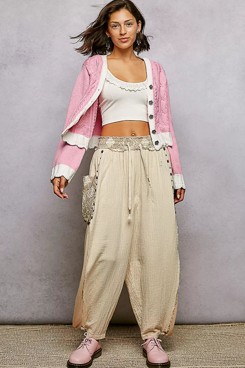 Button Down Cable-Knit Cardigan with Contrast Border Accents POL