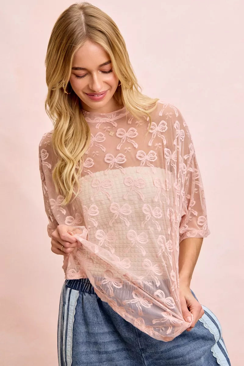 Bow Pattern Short Sleeves Boxy Mesh Top BiBi DUSTY ROSE S