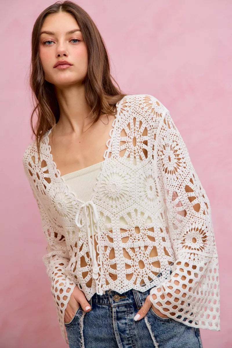 Floral Pattern Crochet Knit Tie Front Crop Cardigan So Me