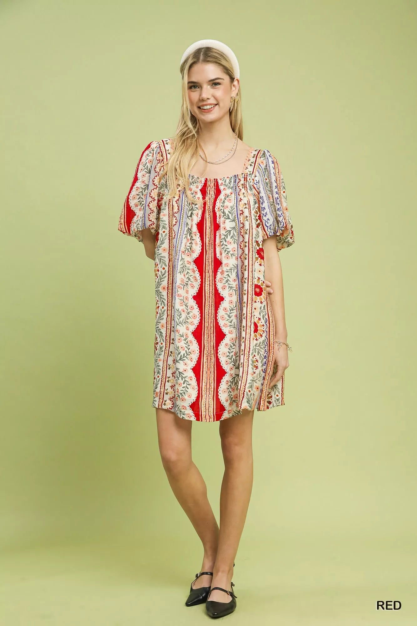 Mixed Print Puff Sleeve Mini Dress Umgee