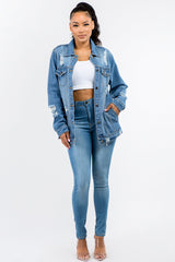 Button Up Distressed Denim Jacket American Bazi   